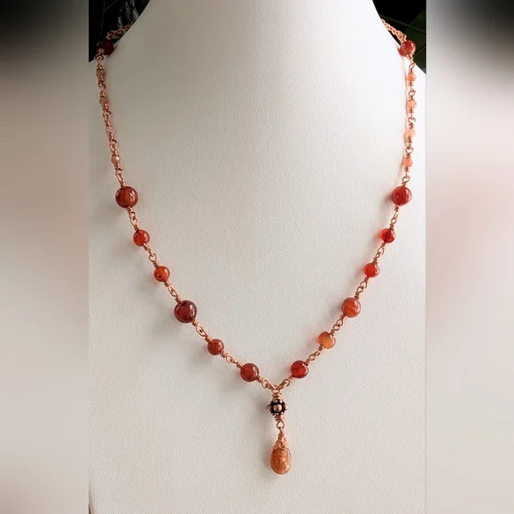 Elegant Carnelian Agate Necklace Artisan Crafted Copper Chain - Picture 10 of 15
